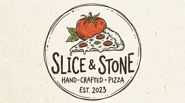 Hand-drawn pizza logo with a tomato and green leaves.