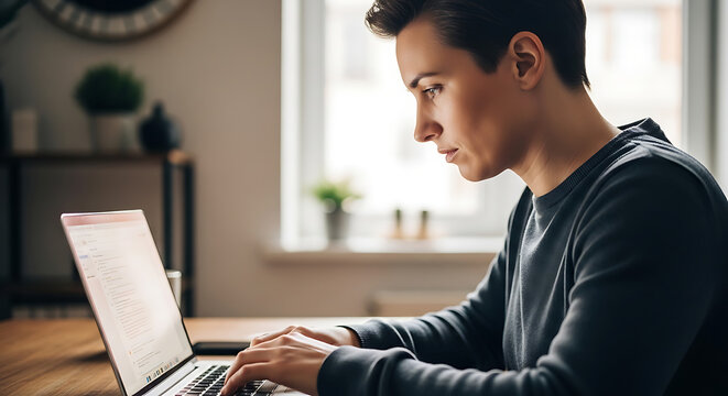 Young man concentrating on laptop screen during day with soft window light