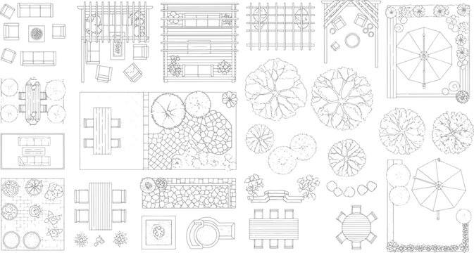 Landscape architecture plan symbols set featuring top view furniture trees and garden elements for professional site design projects