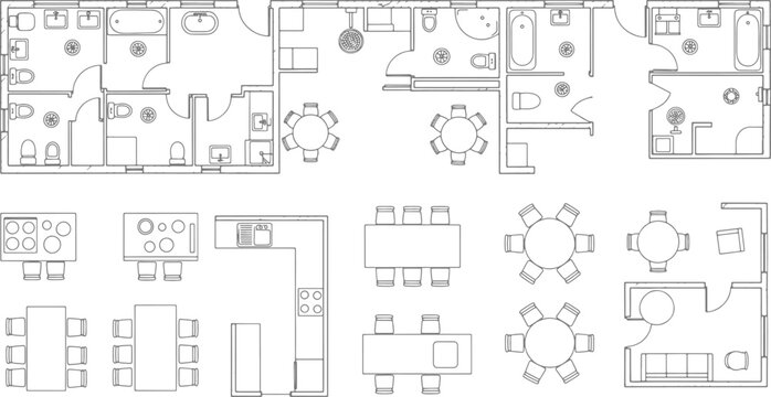 Architectural floor plan symbols set featuring furniture layouts and room configurations for residential interior design and construction planning
