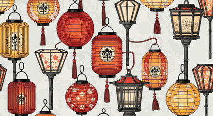 Traditional Japanese Lanterns Seamless Pattern - Asian Culture Celebration Decor © Azrha