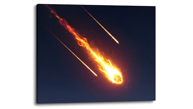 Radiant flaming meteor with glowing molten tail streaking across the atmosphere, celestial bolide fireball isolated on a white background, cosmic asteroid impact phenomenon illustration.