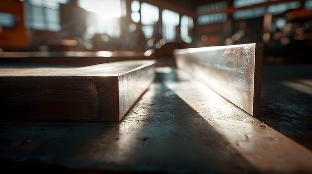夕陽に照らされた金属素材と工場空間｜金属加工 工業素材 製造業
Steel material in industrial workshop illuminated by warm sunset light