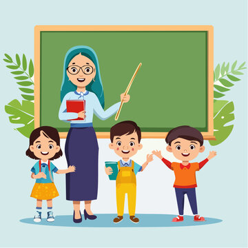 Teacher with Students in Front of Blackboard