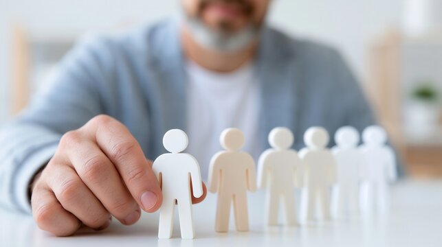 Businessman hand picking a white human figure from a row.