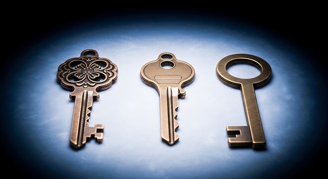 Three antique brass keys on a blue background with spotlight effect