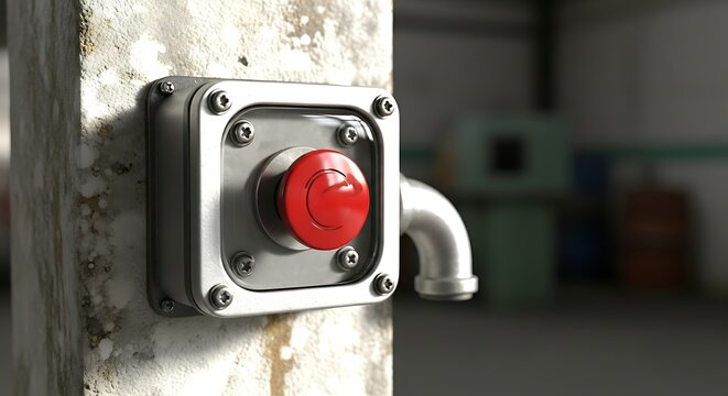 Closeup of a red emergency stop button on a metal plate