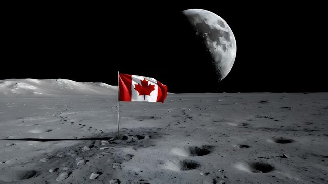 The canadian national flag planted on the desolate lunar surface standing proudly against the backdrop of a dark space sky with a large glowing white moon