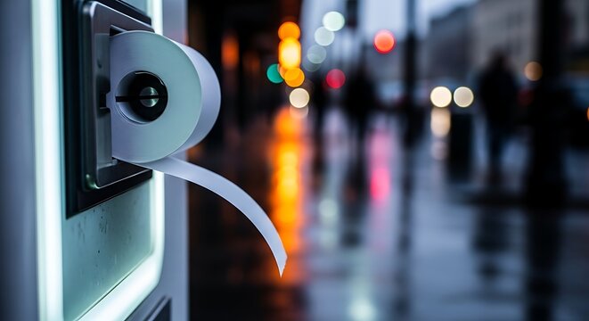 Closeup of a parking meter with a partially dispensed ticket on a city street