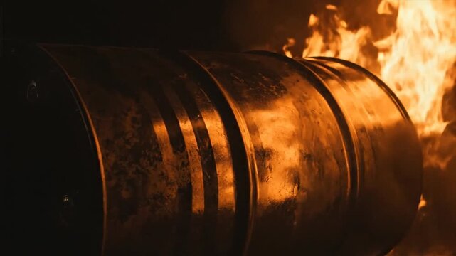 A burning crude oil barrel fuels a refinery's energy production at night.