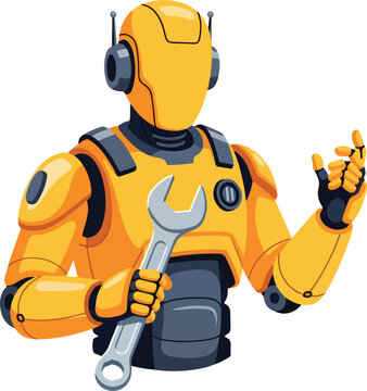 Yellow mechanical humanoid android technician with metallic wrench, suitable for industrial artificial hardware concept. Perfect for tech or engineering design projects.
