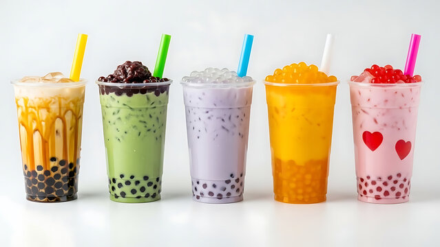 Assorted vibrant flavors of refreshing boba milk tea with chewy black tapioca pearls served in takeaway plastic cups with wide straws, isolated on a clean white background for a summer treat.