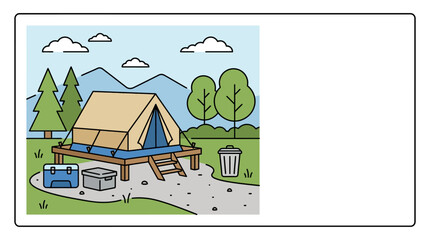 A colorful vector illustration of a camping tent on a wooden platform. © Budi Prakoso
