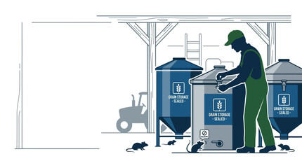 A farm worker inspecting agricultural feed silos while rats scavenge nearby. © Budi Prakoso