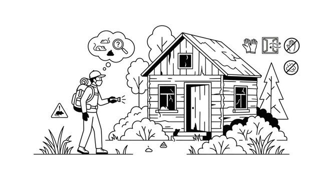 A line art illustration of a person exploring near a small wooden cabin.