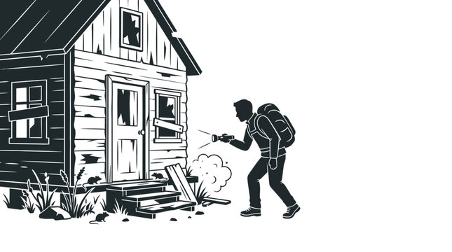 A black and white line art illustration of a traveler exploring an abandoned wooden house.
