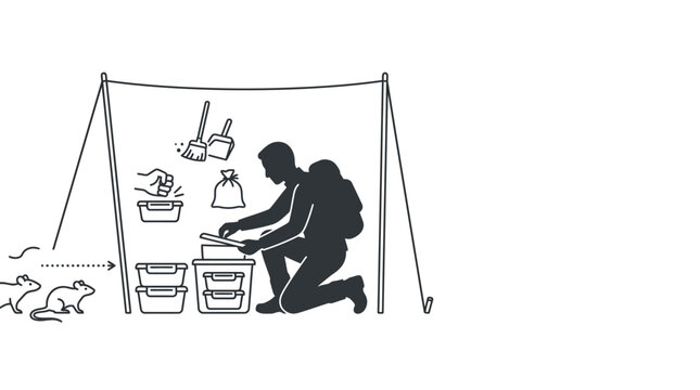A camper organizing food storage containers inside a tent with mice nearby.
