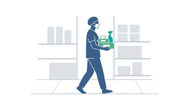 A dedicated cleaner carrying cleaning supplies in a professional setting.