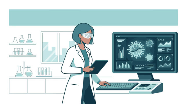 A dedicated female scientist analyzing virus data on her computer in a laboratory.
