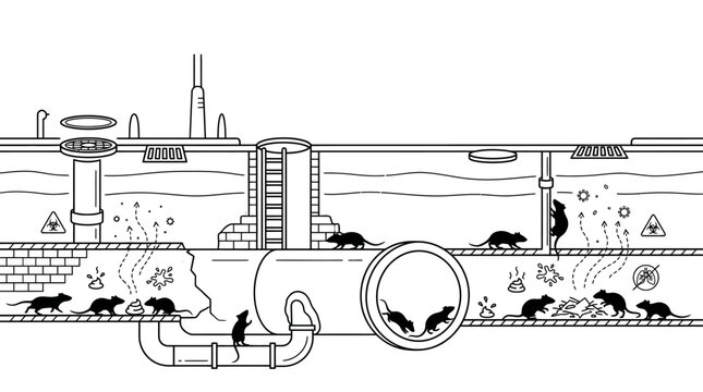 A detailed line art illustration of rats living in a city sewer system.