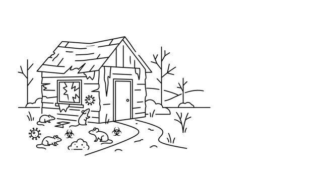 A dilapidated wooden shack infested with rats and surrounded by biohazard symbols.