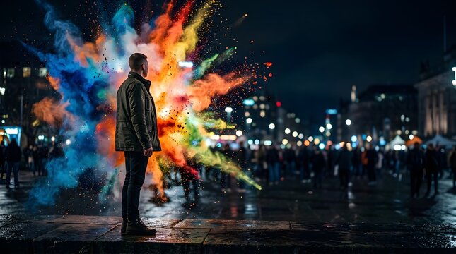 Man standing in a city at night with an explosive burst of rainbow color