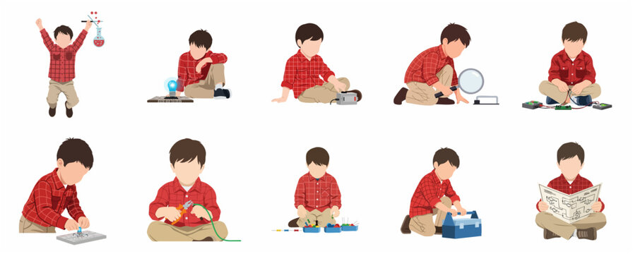 Set of Little Boy Illustrations Exploring STEM Activities, Science, Technology, and Engineering Education Concept