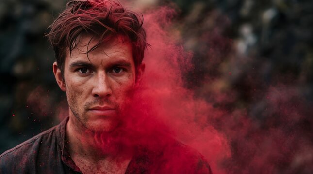 Portrait of a serious man with red paint powder exploding in motion