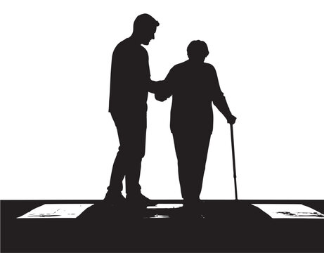 Elderly couple silhouette in supportive gesture with cane in dramatic lighting for healthcare