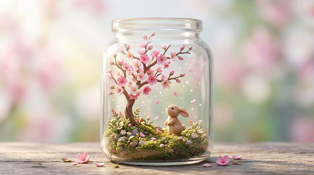 Beautifully crafted 3D clay miniature world inside a glass jar, featuring a blooming cherry blossom tree, a cute rabbit, and spring moss on a wooden table.