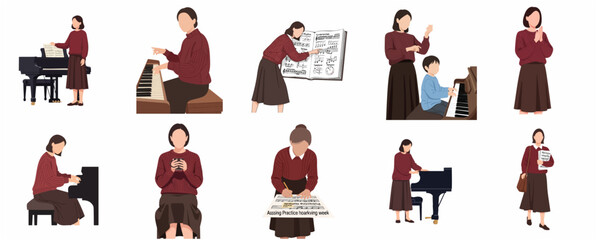 Set of flat vector illustrations depicting a piano teacher and student during music lessons and practice sessions. © Camelia