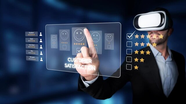 A professional uses virtual reality technology to evaluate customer experience, displaying satisfaction ratings and feedback in a modern business environment. Raster