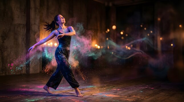 Young woman dancing with vibrant holi powder clouds in a dark studio