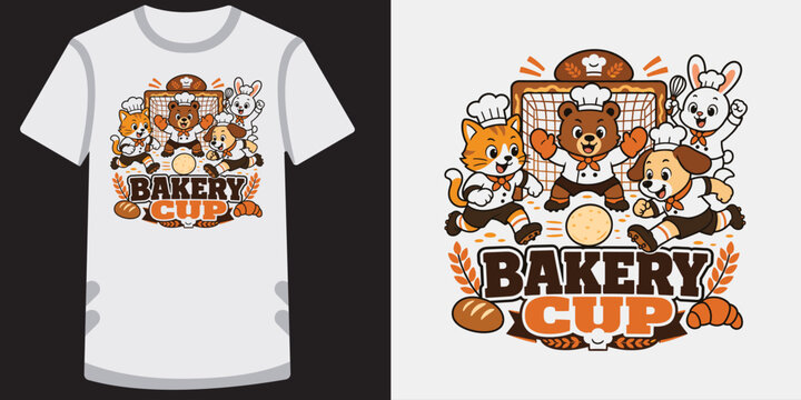 Bakery cup soccer tournament cartoon animals vector graphic with cute chef team characters.