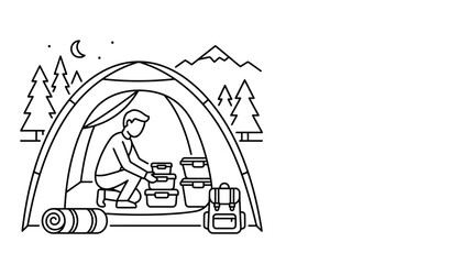 A man organizing food containers inside a camping tent line art illustration. © Andi Pratama Wijaya