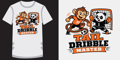 Monkey and panda soccer dribble master design for youth clothing with fun athletic art. © jubayer95