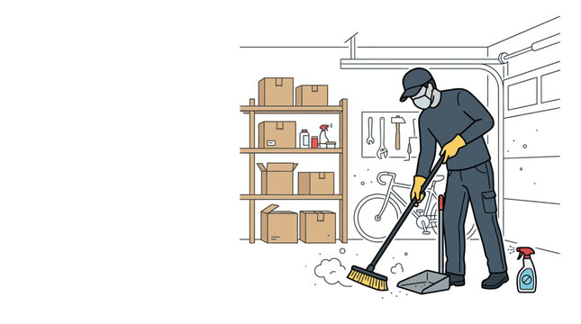 A man wearing a mask and cap sweeping the garage floor with a broom.