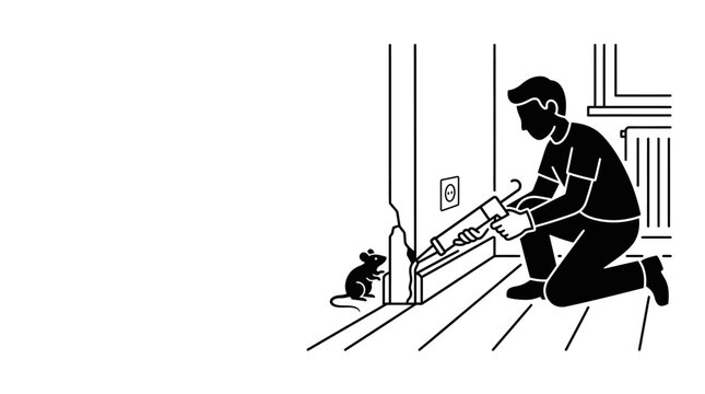 A man using a caulking gun to seal a hole in the wall to prevent rodent infestation.