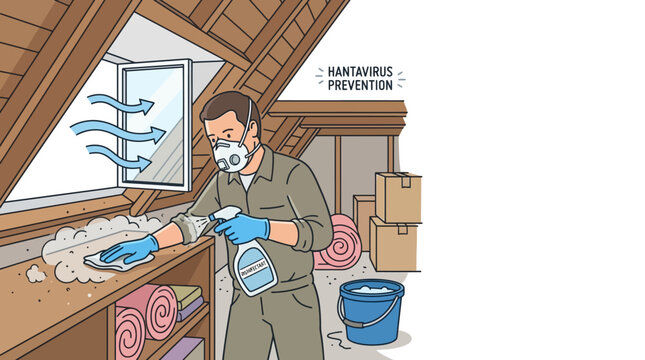A man wearing a mask and gloves cleaning a dusty shelf in an attic.