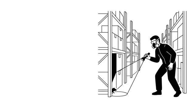 A masked inspector examining warehouse shelves with a flashlight.