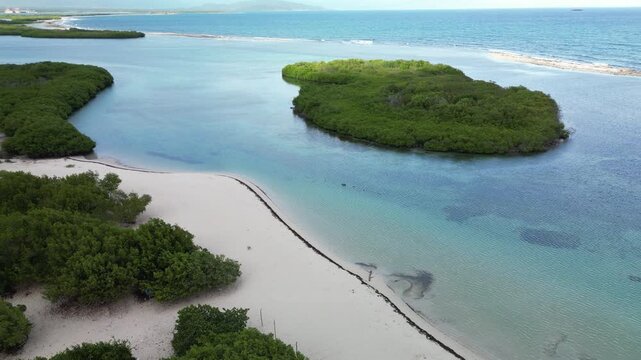 Aerial drone view of La Cobita Beach in Azua with crystal clear lagoon water, mangrove islands, tropical coastline and calm ocean scenery.