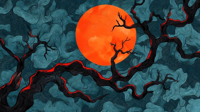 Orange Moon and Dark Red Branches in a Teal Night Sky