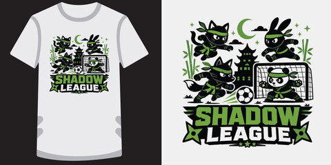 Shadow league t-shirt design with ninja animals: cat, rabbit, fox, panda playing soccer. © jubayer95