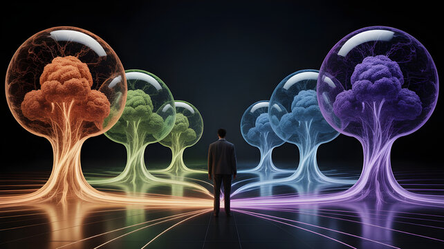 A person standing between multiple versions of their creative ideas, each visualized as a glowing AI-generated world branching out infinitely, cinematic, surreal realism
