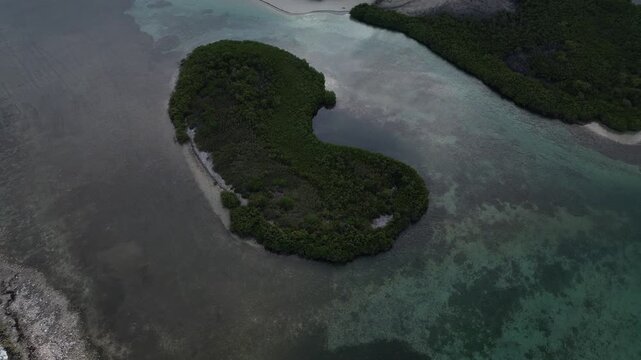 Cinematic drone footage of Caribbean lagoon and white sand beach surrounded by tropical mangroves and calm turquoise water in bright daylight.