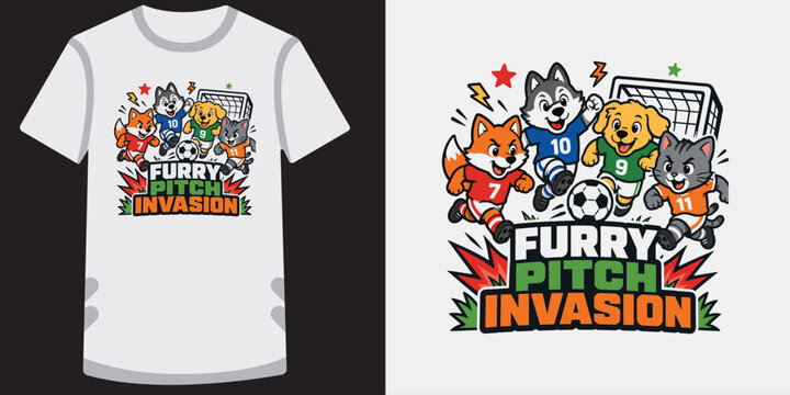 Furry pitch invasion soccer illustration featuring cute pets as team players design.