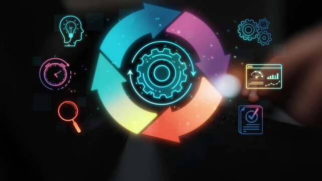 Colorful gears and cycle concept for process improvement and innovation in a digital environment with icons of strategy, analysis, and growth representation Sigmoid