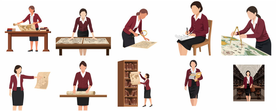 Set of flat vector illustrations of a female cartographer or historian researching vintage maps and old books in a library