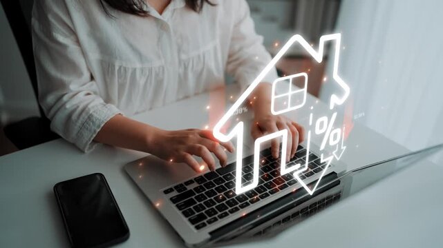 Person Typing on Laptop with House Icon and Percentage Symbol Illustrating Real Estate and Market Trend Analysis Sigmoid