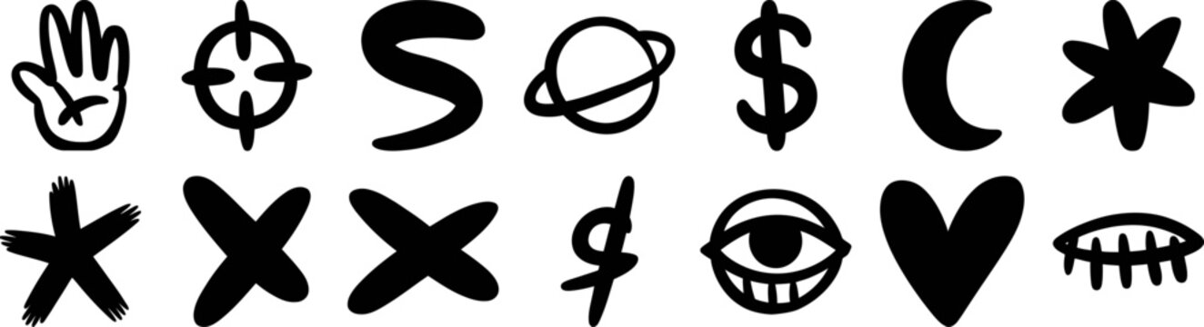 Cyberpunk Y2K techno badge sheet bundle. Planetary ring, orbital crosshair radar starburst icon. Concentric lines, wireframe clusters, target markers, tech nodes. Electronic music style. Album art